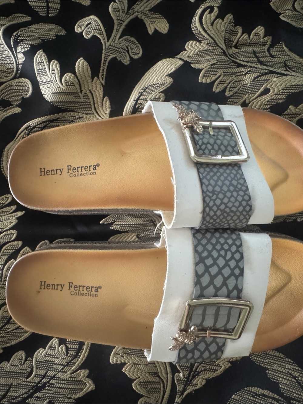 Henry Ferrera White & Gray Slide Sandals bee buckle